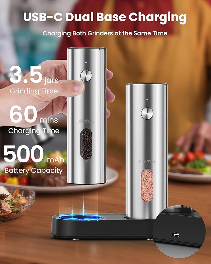 Electric Salt and Pepper Grinder Set with Rechargeable Base