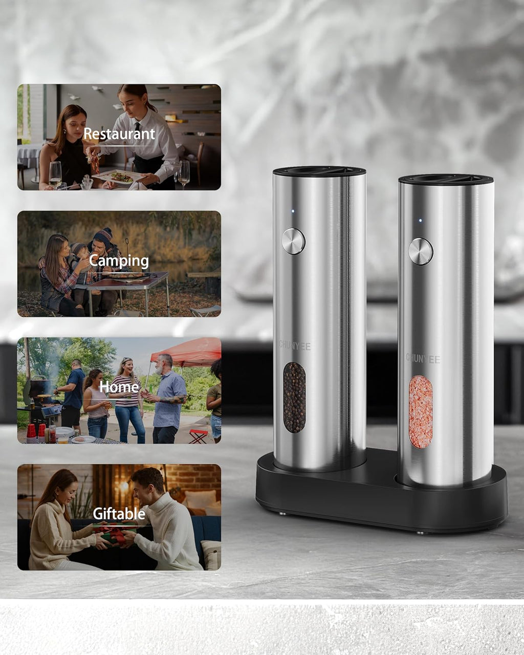 Electric Salt and Pepper Grinder Set with Rechargeable Base