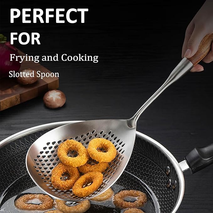 Large Skimmer Slotted Spoon with Wooden Handle (Set of 2)