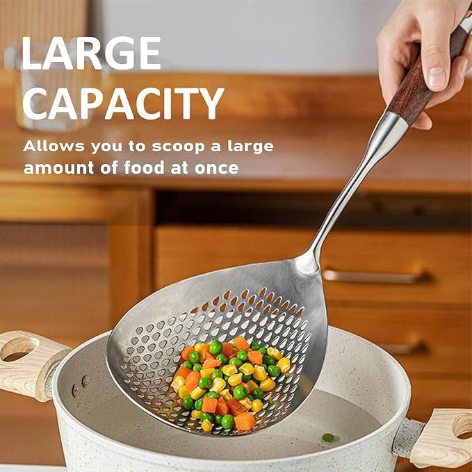 Large Skimmer Slotted Spoon with Wooden Handle (Set of 2)